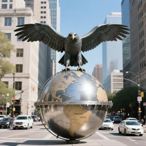 Bronze eagle on metal globe sculpture 1