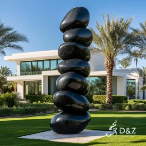 Modern black marble balancing stone sculpture, outdoor landscape pebble sculpture, garden stacked stone 1