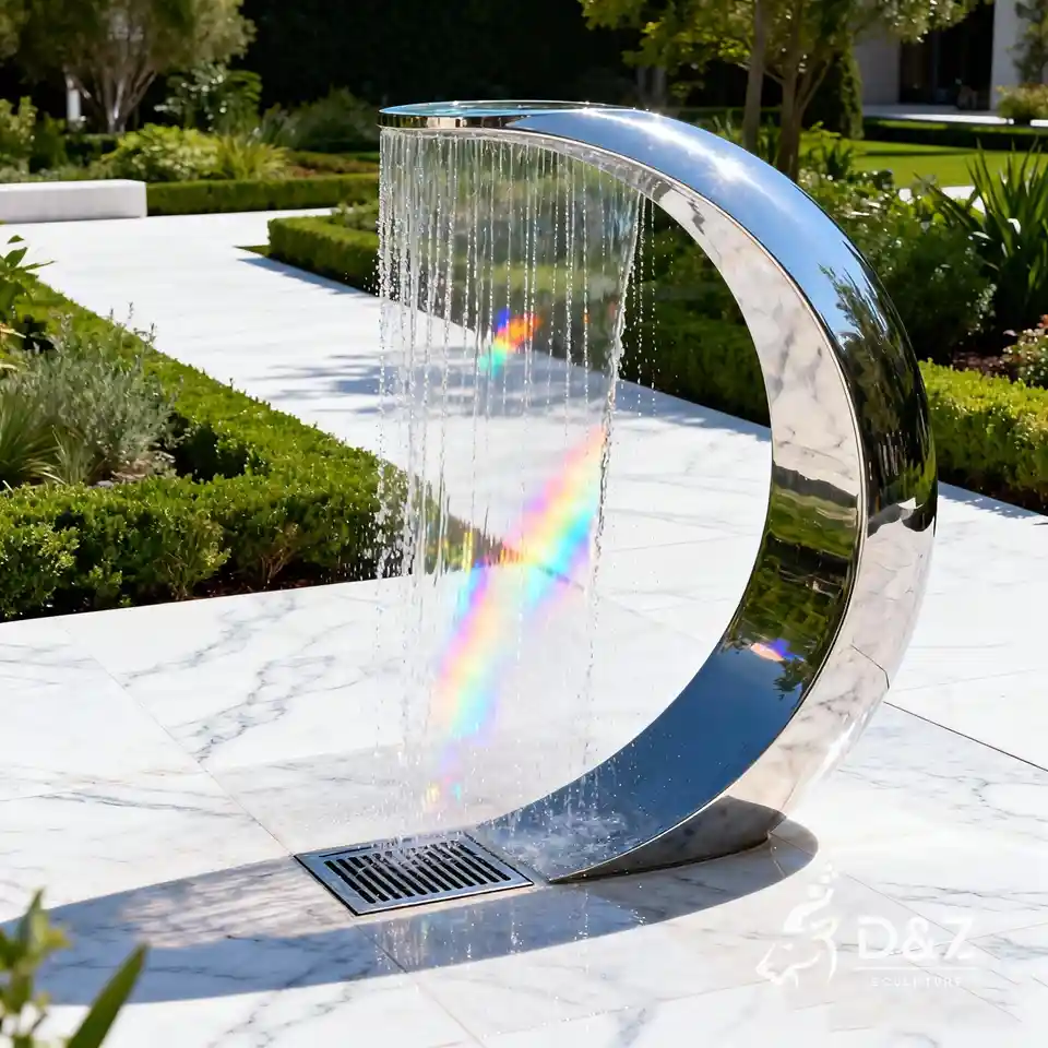 Polished metal crescent moon fountain sculpture, large outdoor stainless steel water feature 1 Polished metal crescent moon fountain sculpture, large outdoor stainless steel water feature 1