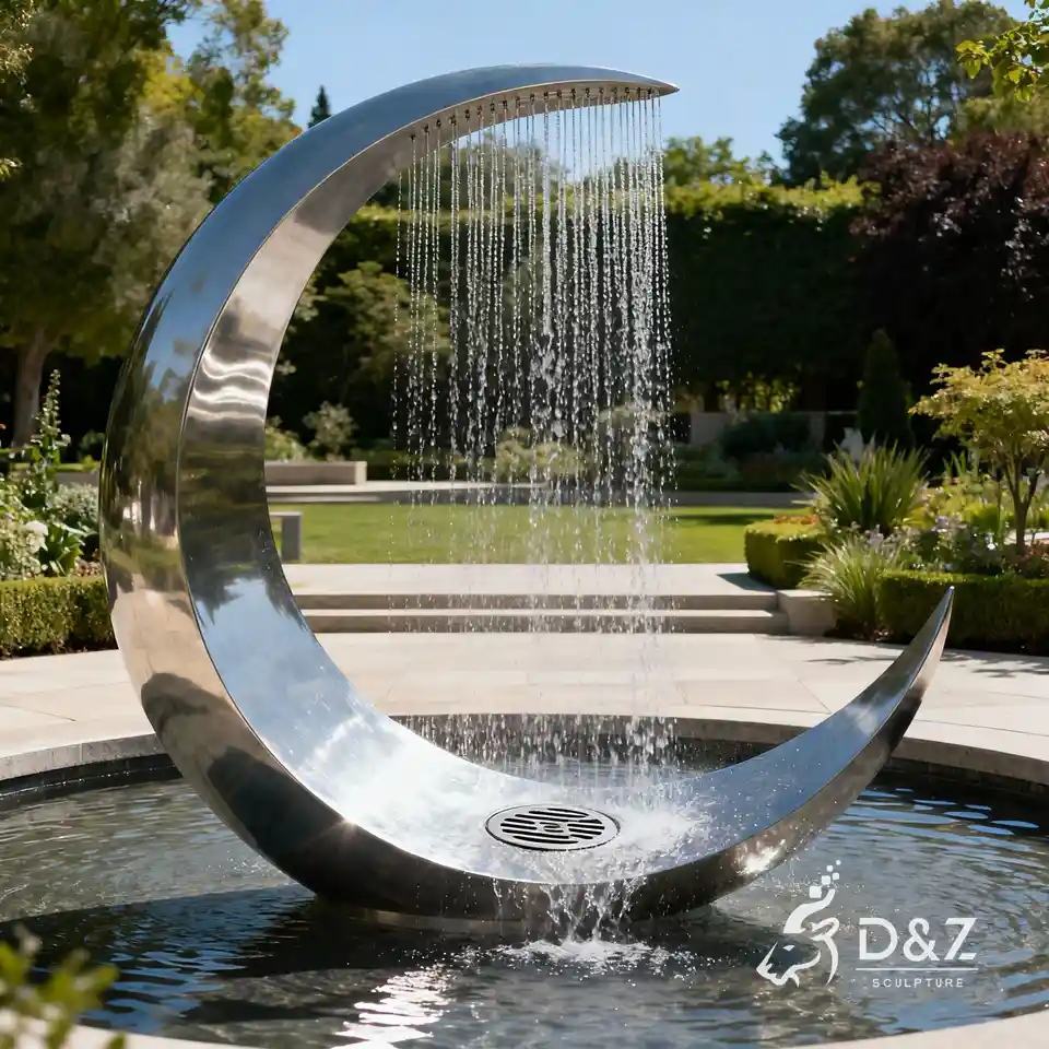 Polished metal crescent moon fountain sculpture, large outdoor stainless steel water feature 4 Polished metal crescent moon fountain sculpture, large outdoor stainless steel water feature 4