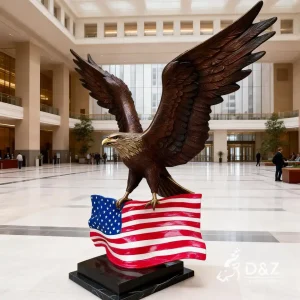 Large bronze bald eagle statue with American flag, patriotic sculpture 1
