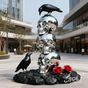 Large Metal Skull Sculpture, Outdoor Mirror Stainless Steel Halloween Decor 1
