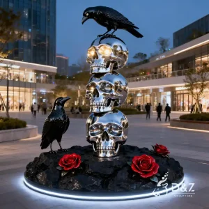 Large Metal Skull Sculpture, Outdoor Mirror Stainless Steel Halloween Decor 2