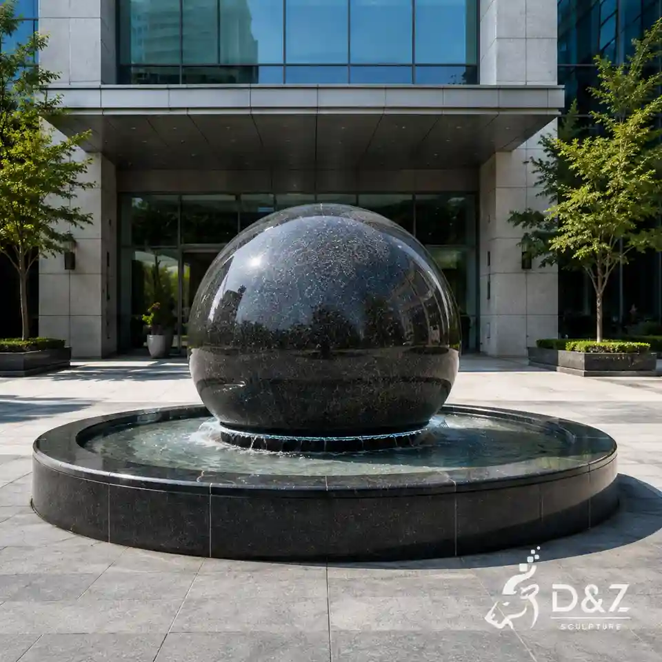 Floating granite ball fountain with black stone sphere in a corporate plaza Floating granite ball fountain with black stone sphere in a corporate plaza