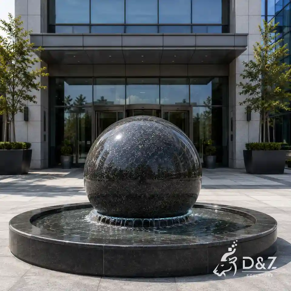 Front view of a floating granite ball fountain with circular stone basin Front view of a floating granite ball fountain with circular stone basin