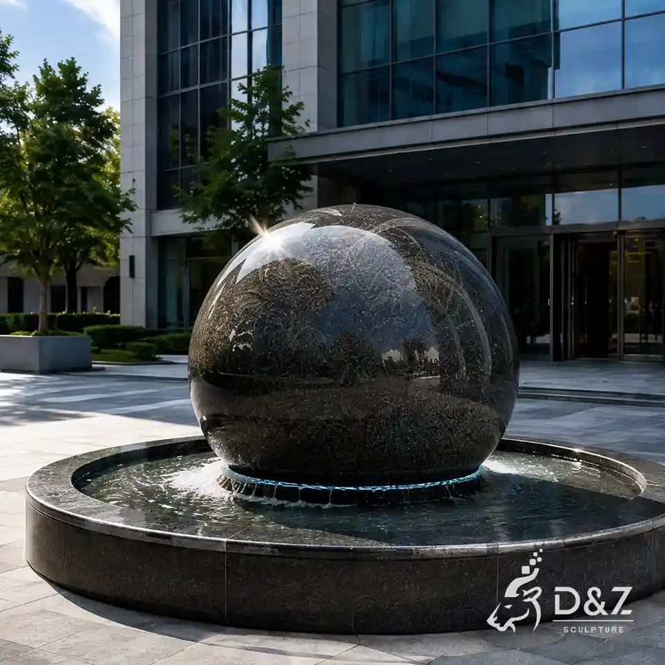 Left 45-degree view of a rotating granite ball fountain for outdoor landscapes Left 45-degree view of a rotating granite ball fountain for outdoor landscapes
