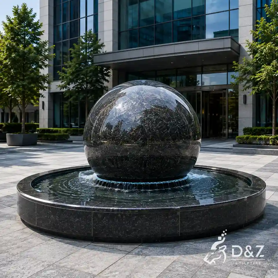 Right 45-degree view of a black granite sphere water feature Right 45-degree view of a black granite sphere water feature