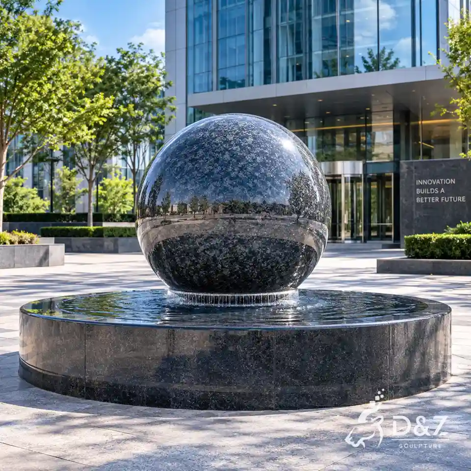 Large floating granite ball fountain outside a modern commercial building Large floating granite ball fountain outside a modern commercial building
