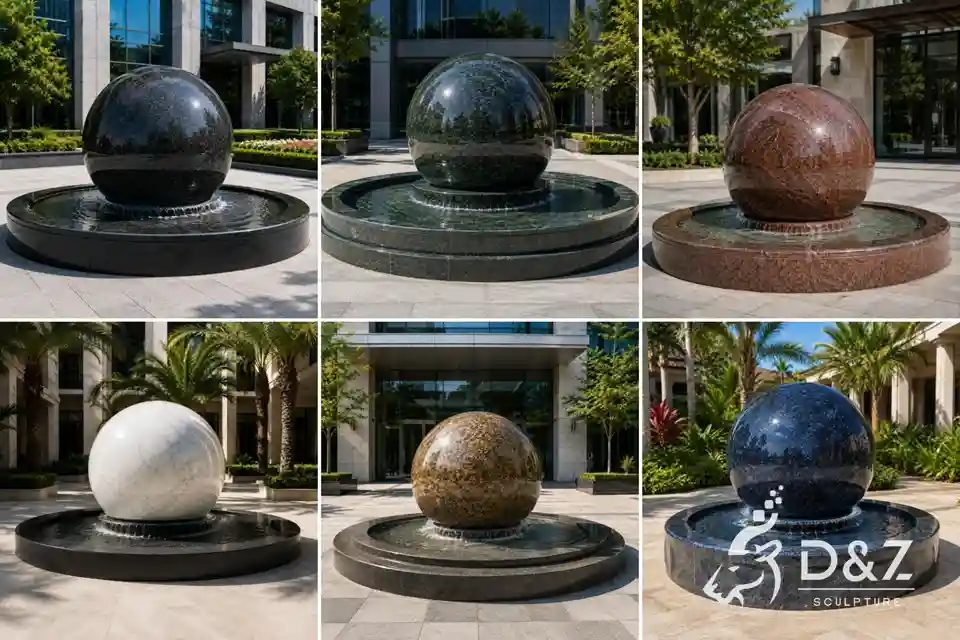 Custom floating granite ball fountain designs in different stone colors Custom floating granite ball fountain designs in different stone colors