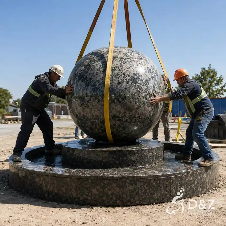 Installation of a large granite sphere fountain using lifting equipment Installation of a large granite sphere fountain using lifting equipment