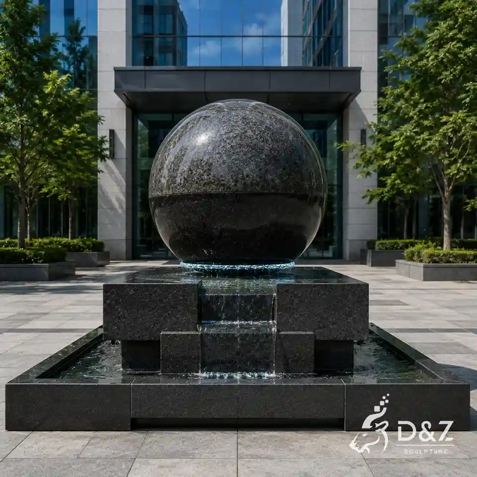Architectural stepped base floating granite ball fountain Architectural stepped base floating granite ball fountain